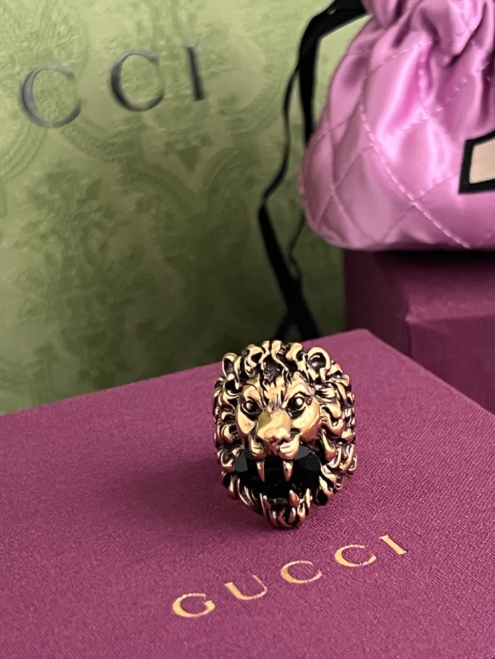 Gucci Lion Head Gold Color Ring with Black Stone Size 23 IT 10.5 US New